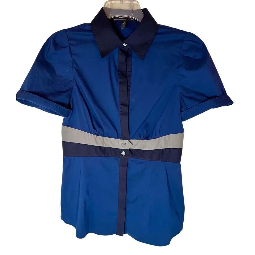 BCBG MAXAZRIA Short Sleeve Button Front Blue & Gray Blouse Retro Eclectic Sz Med